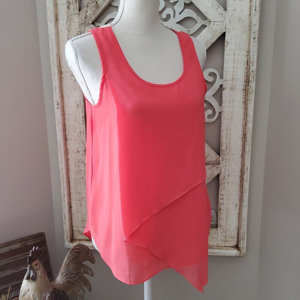 BCX Women's Junior Layered Asymmetric Mesh Crochet Lace Tank Top in Coral